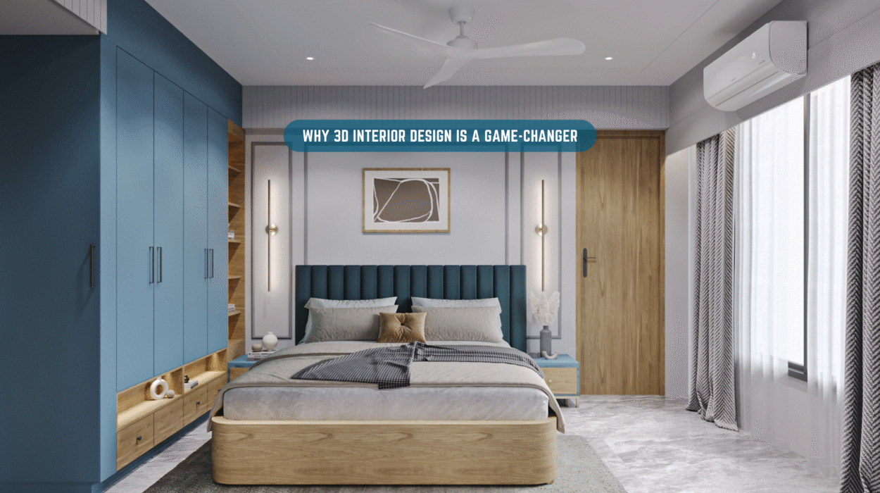 3D interior design bedroom rendering with modern furniture and decor