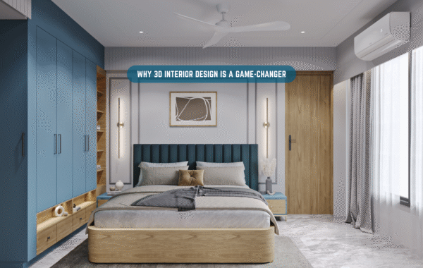 3D interior design bedroom rendering with modern furniture and decor