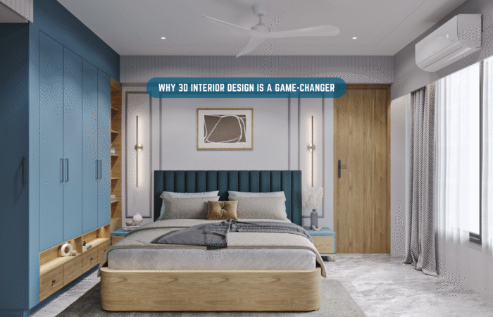 3D interior design bedroom rendering with modern furniture and decor