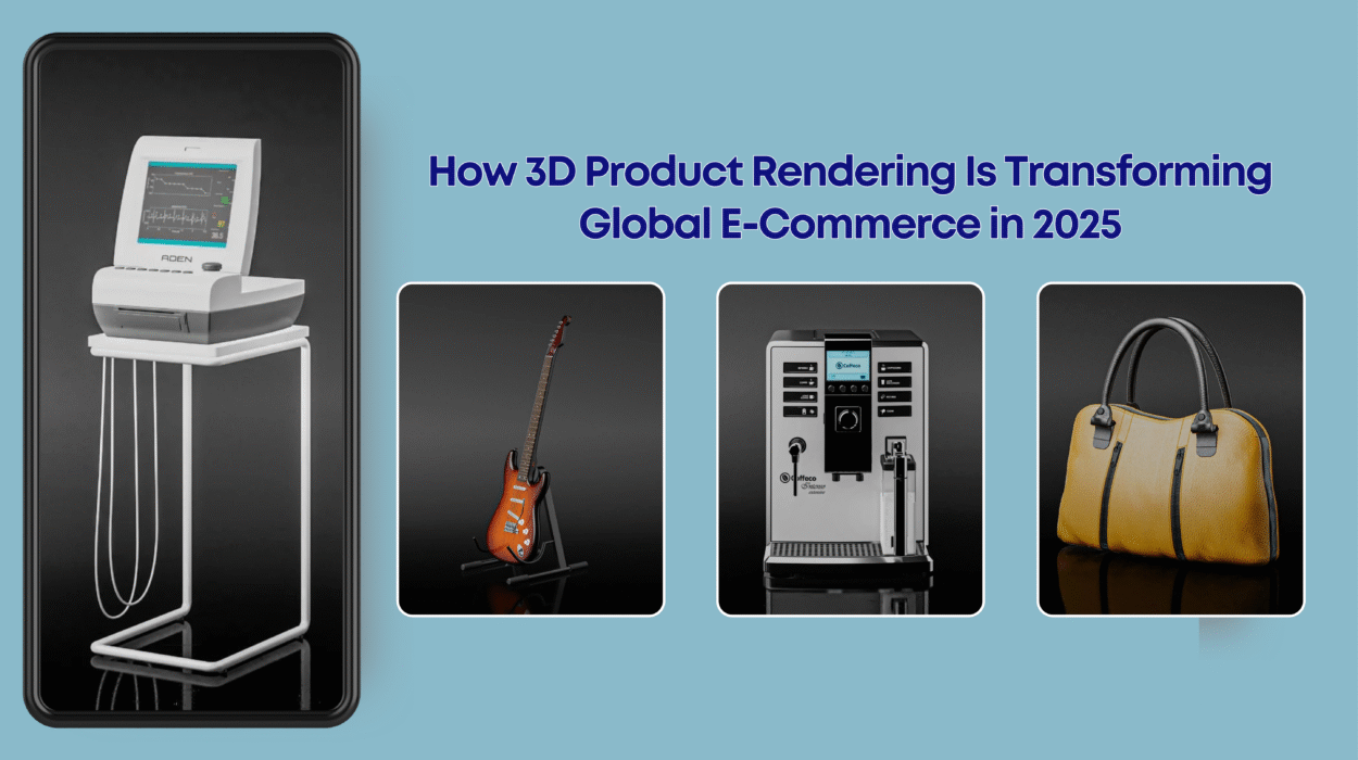 Photorealistic 3D product rendering of a modern furniture piece displayed on an e-commerce website interface.