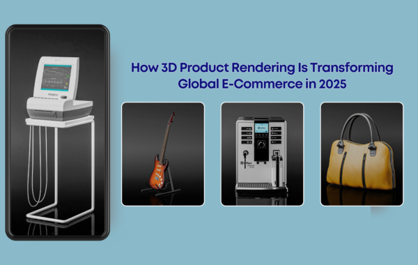 Photorealistic 3D product rendering of a modern furniture piece displayed on an e-commerce website interface.