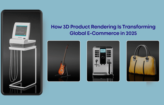 Photorealistic 3D product rendering of a modern furniture piece displayed on an e-commerce website interface.