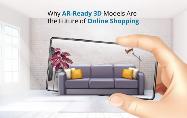 Smartphone displaying AR-Ready 3D models of a sofa placed in a living room.