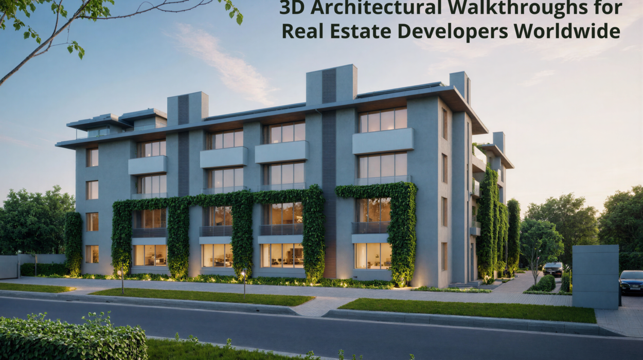 3D architectural walkthroughs for real estate developers showing a modern commercial office complex exterior.