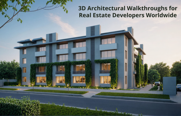 3D architectural walkthroughs for real estate developers showing a modern commercial office complex exterior.