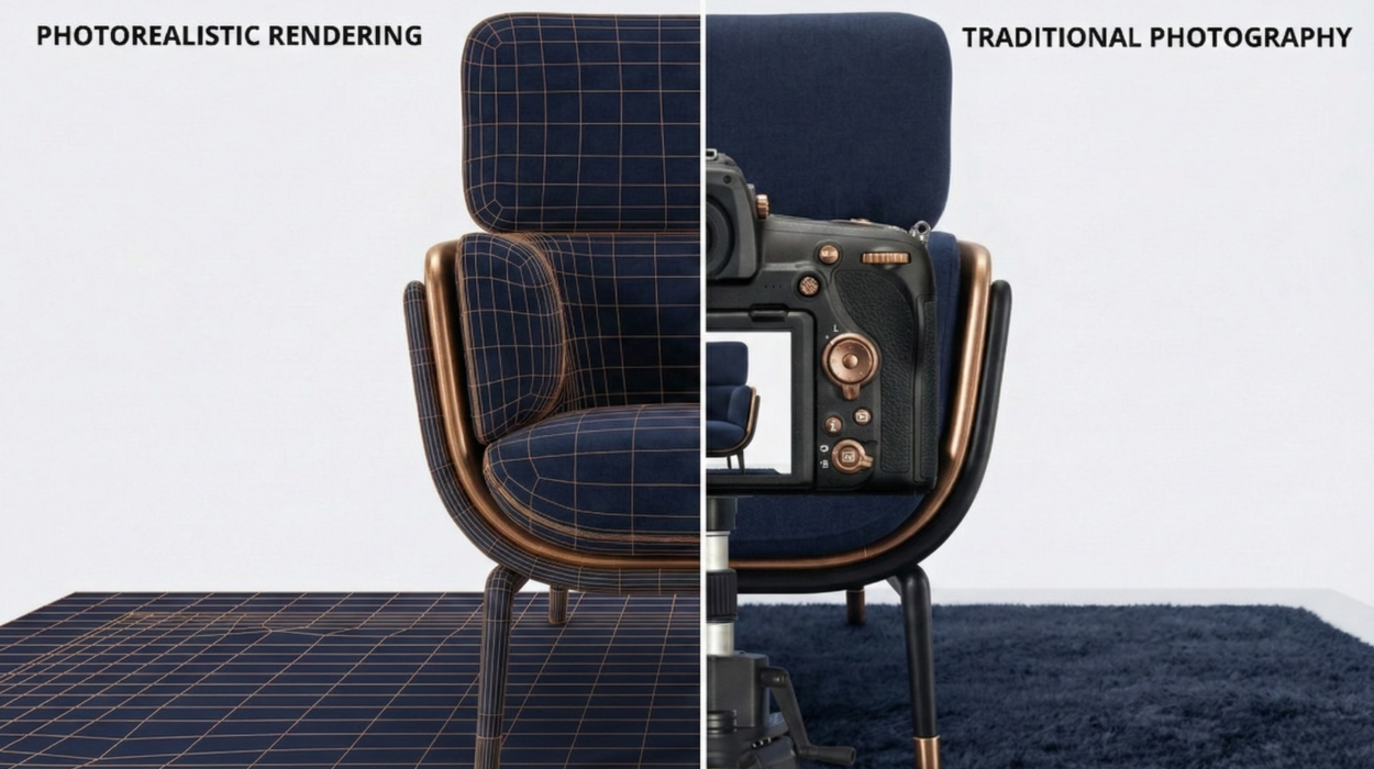 Side-by-side comparison of photorealistic rendering vs traditional photography showing studio logistics versus digital modeling.