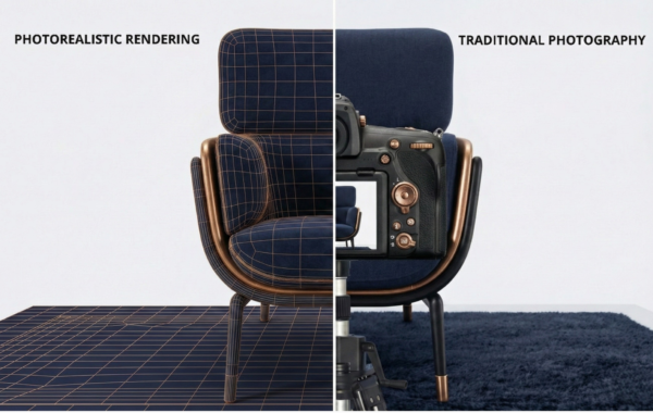 Side-by-side comparison of photorealistic rendering vs traditional photography showing studio logistics versus digital modeling.
