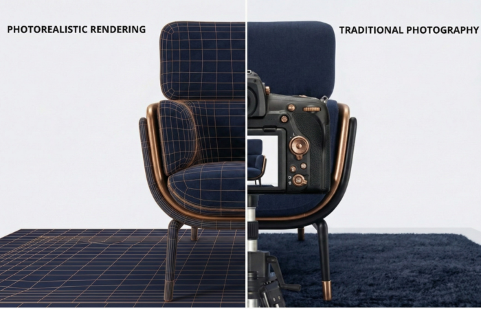 Side-by-side comparison of photorealistic rendering vs traditional photography showing studio logistics versus digital modeling.