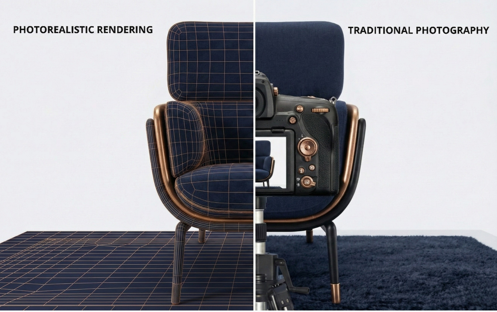 Side-by-side comparison of photorealistic rendering vs traditional photography showing studio logistics versus digital modeling.