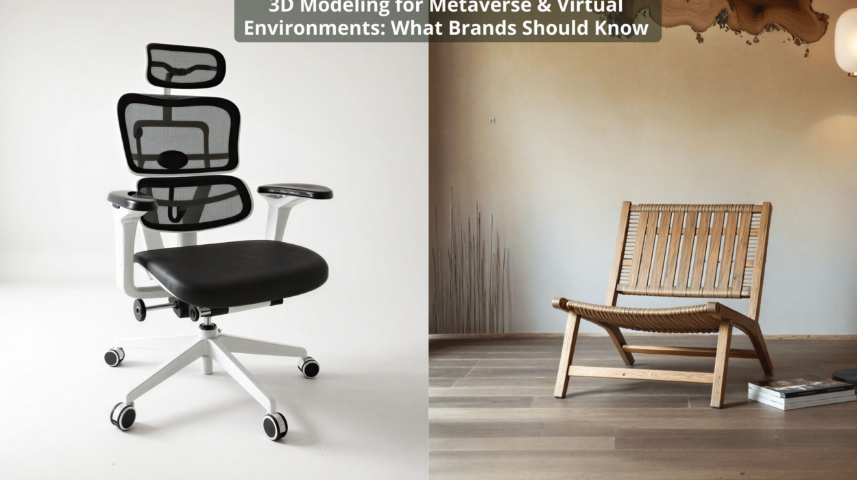 A futuristic virtual showroom displaying high-quality metaverse 3D models of furniture and retail products.