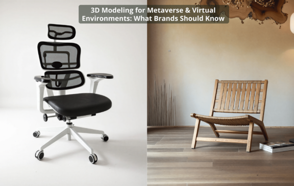 A futuristic virtual showroom displaying high-quality metaverse 3D models of furniture and retail products.