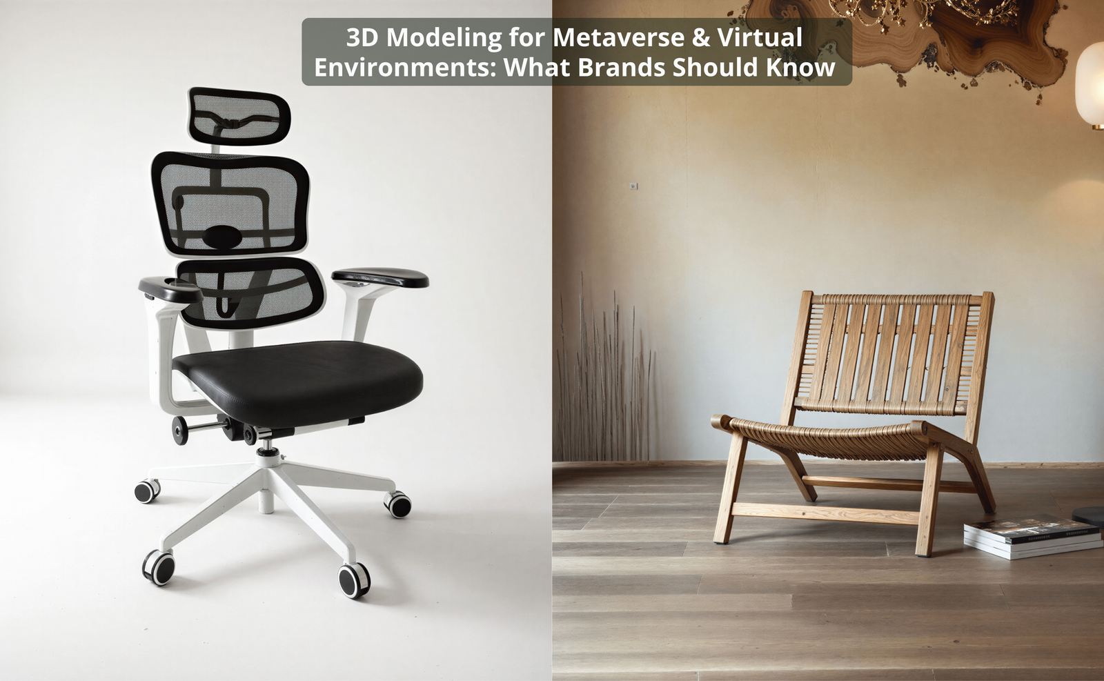 A futuristic virtual showroom displaying high-quality metaverse 3D models of furniture and retail products.