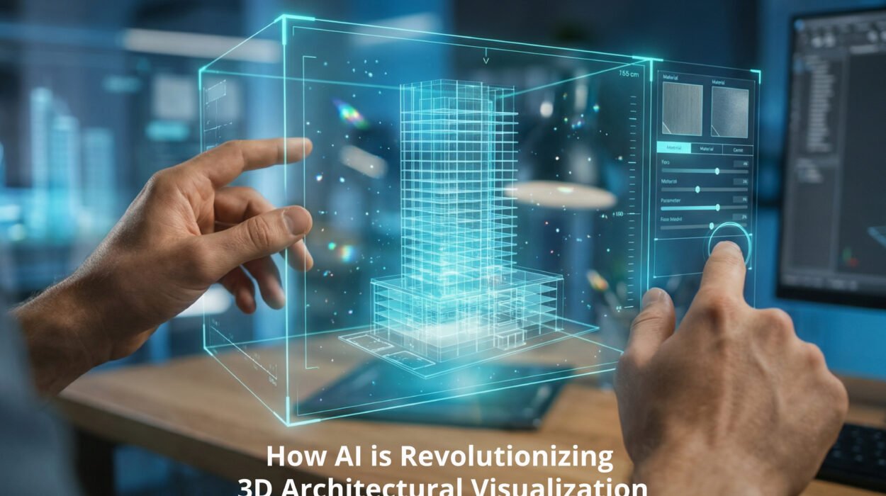 AI 3D rendering transforming a basic architectural wireframe into a photorealistic building design.