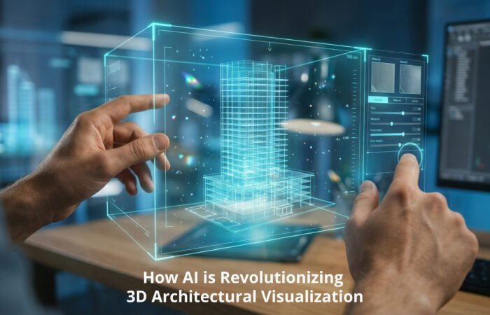 AI 3D rendering transforming a basic architectural wireframe into a photorealistic building design.