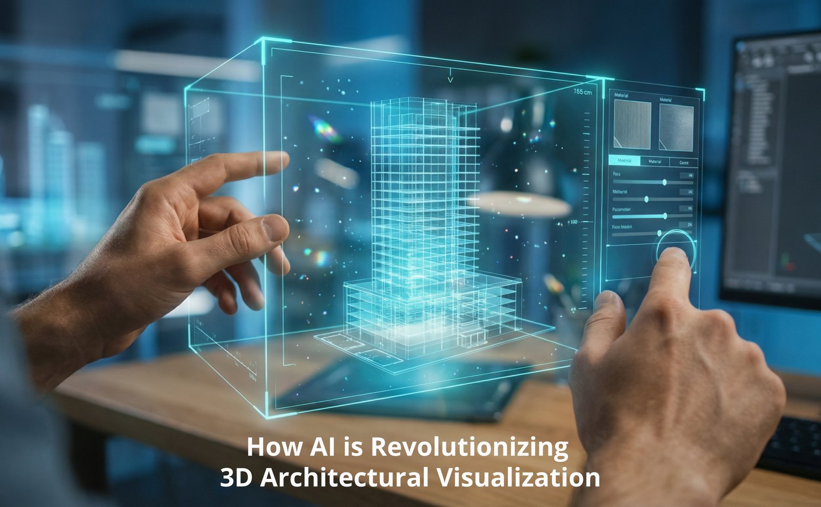 AI 3D rendering transforming a basic architectural wireframe into a photorealistic building design.