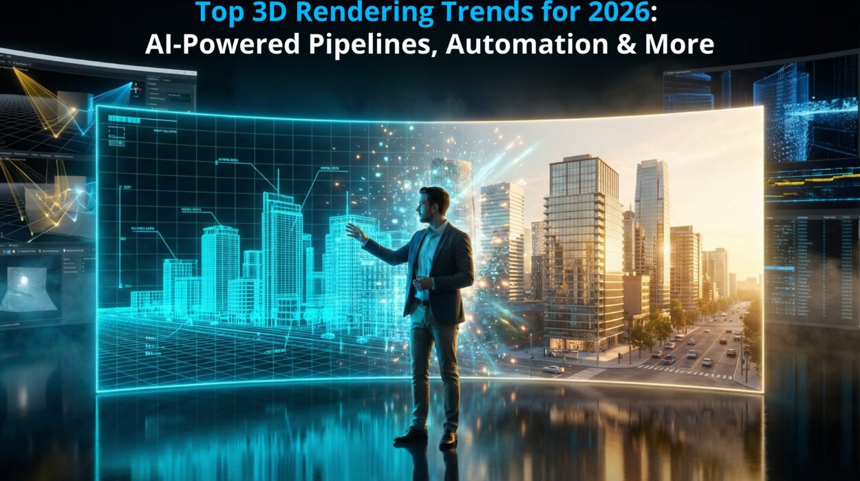 Split screen showing a furniture wireframe transforming into a realistic 3D lifestyle rendering, illustrating 3D rendering trends 2026.