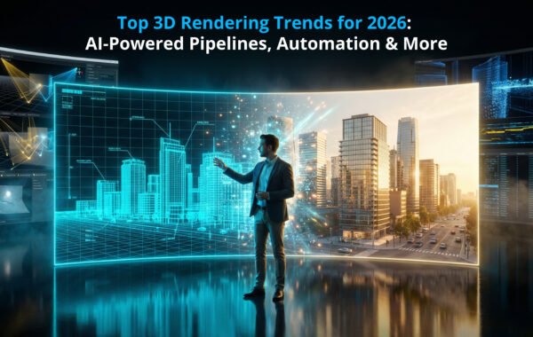 Split screen showing a furniture wireframe transforming into a realistic 3D lifestyle rendering, illustrating 3D rendering trends 2026.