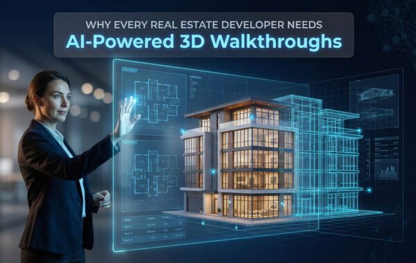 High-quality AI 3D walkthroughs showcasing a modern luxury living room for real estate developers.
