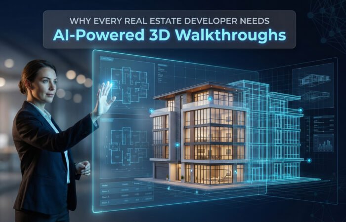 High-quality AI 3D walkthroughs showcasing a modern luxury living room for real estate developers.