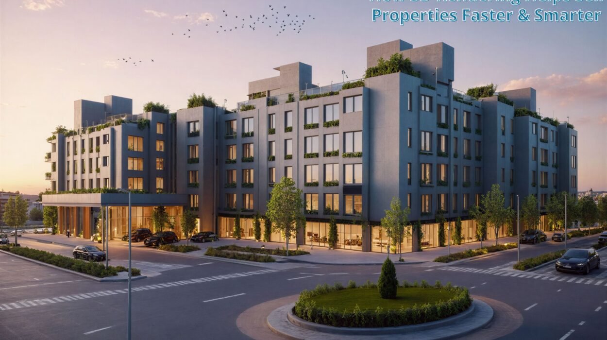 Photorealistic 3D rendering for real estate showing a modern, well-lit living room interior.