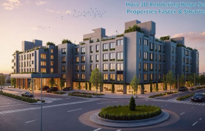 Photorealistic 3D rendering for real estate showing a modern, well-lit living room interior.