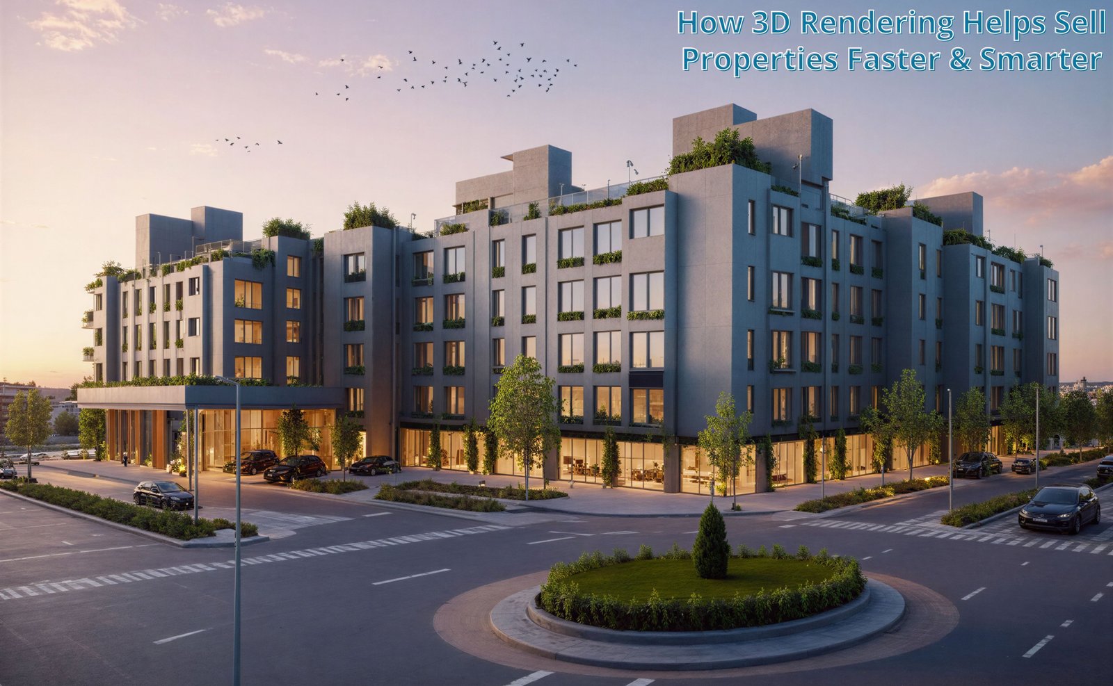 Photorealistic 3D rendering for real estate showing a modern, well-lit living room interior.