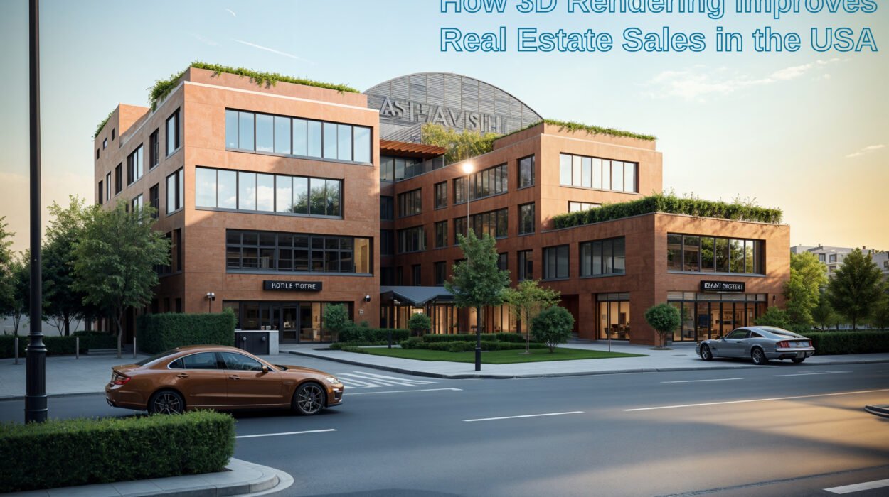 3D interior rendering of a modern open-concept kitchen and living area for property marketing.