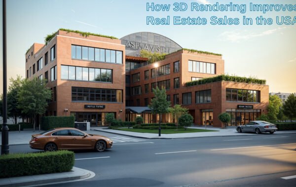 3D interior rendering of a modern open-concept kitchen and living area for property marketing.