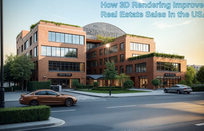 3D interior rendering of a modern open-concept kitchen and living area for property marketing.