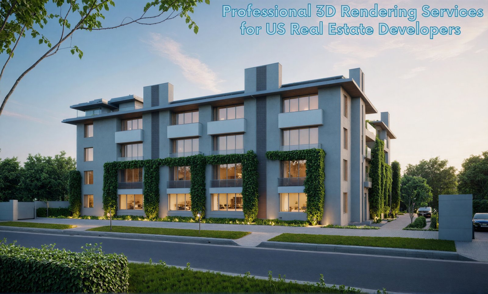 Modern luxury home exterior 3D architectural rendering services for property developers in the USA.