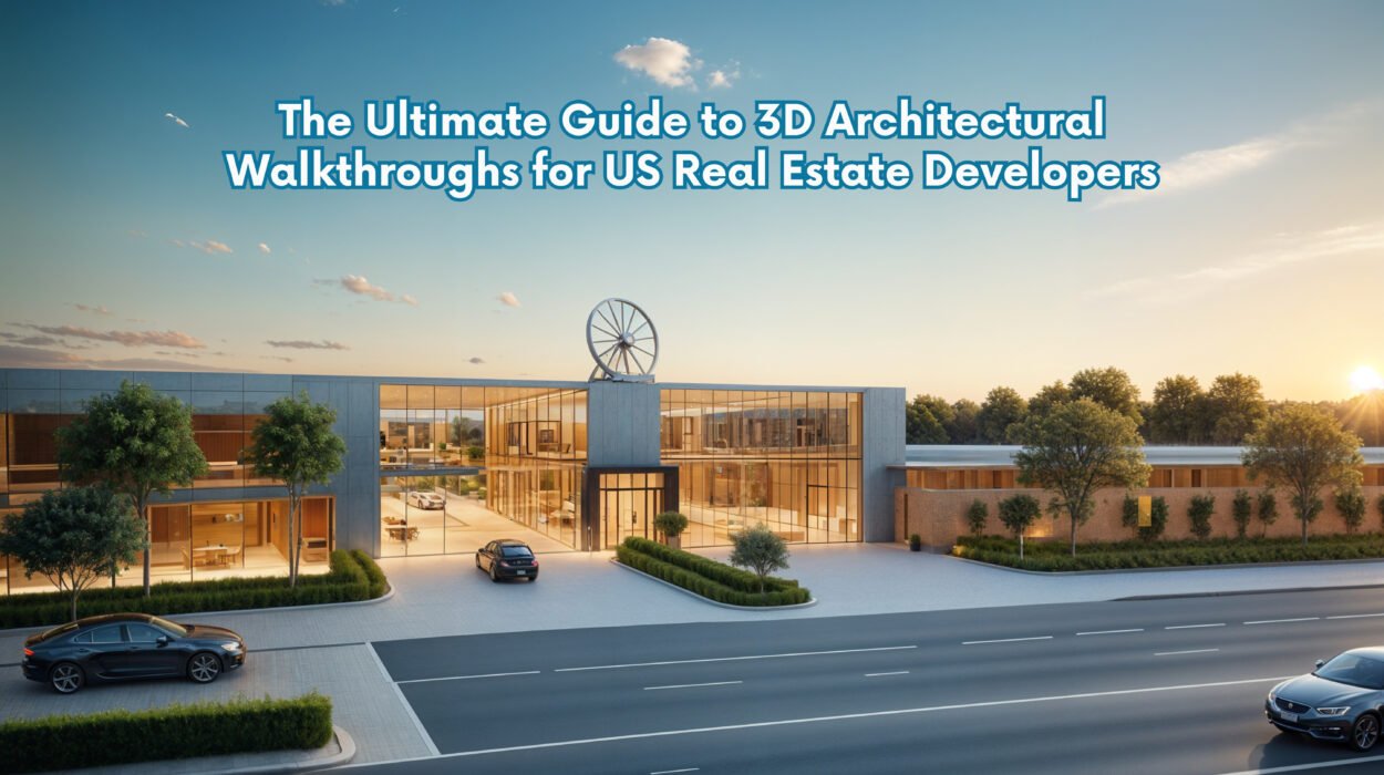 Photo-realistic 3D architectural walkthrough USA of a modern luxury living room with floor-to-ceiling windows and premium furniture.