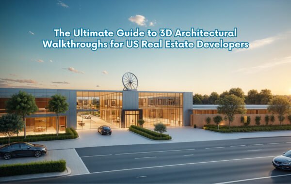 Photo-realistic 3D architectural walkthrough USA of a modern luxury living room with floor-to-ceiling windows and premium furniture.