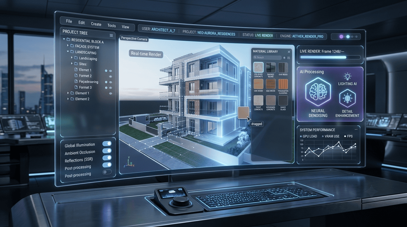 AI-powered real-time 3D rendering software interface used by an architectural visualization studio for live building previews