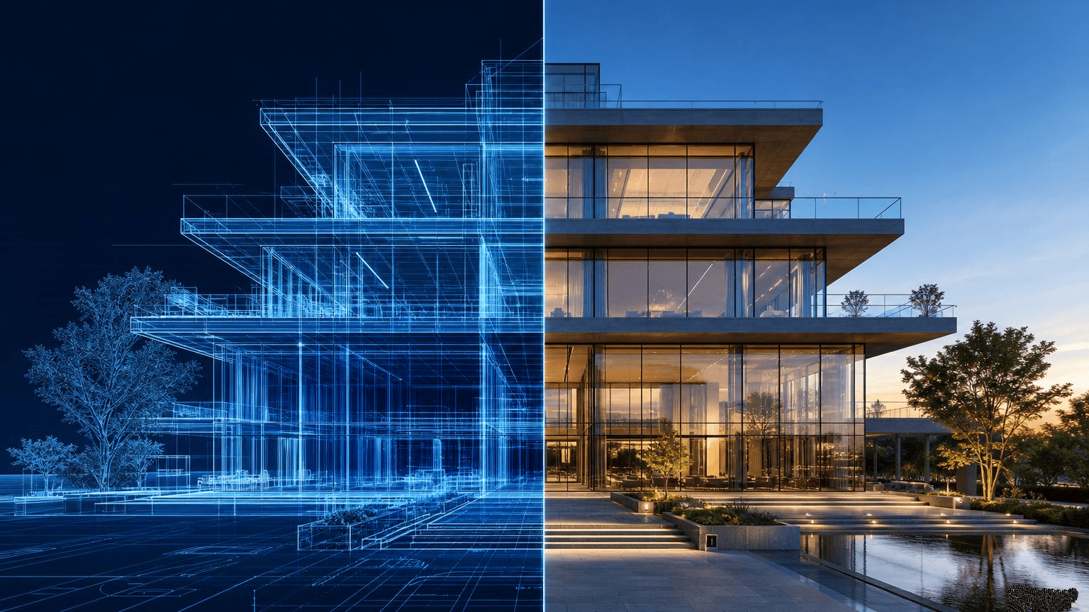AI-powered architectural visualization studio transforming a blueprint into a photorealistic 3D rendered building