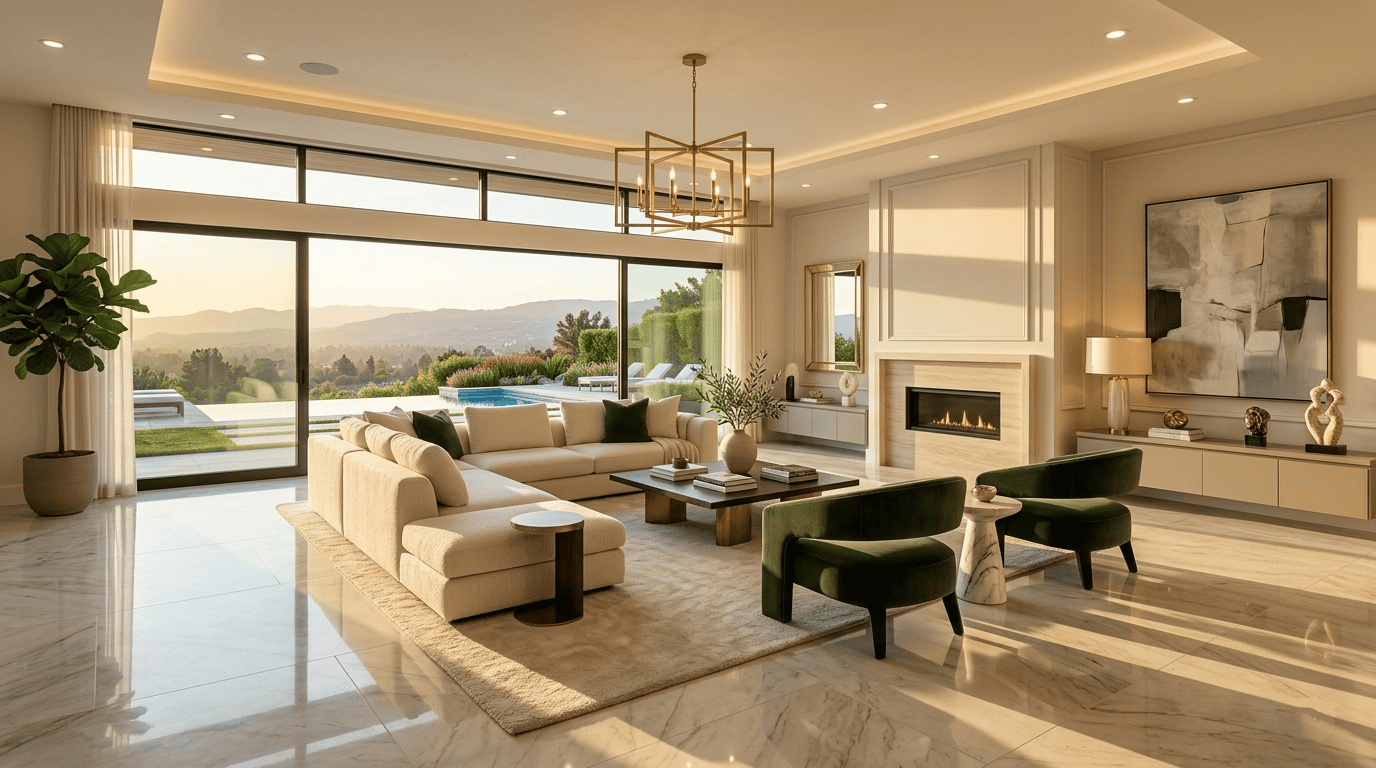 AI-staged luxury living room with high-end furniture for virtual staging real estate