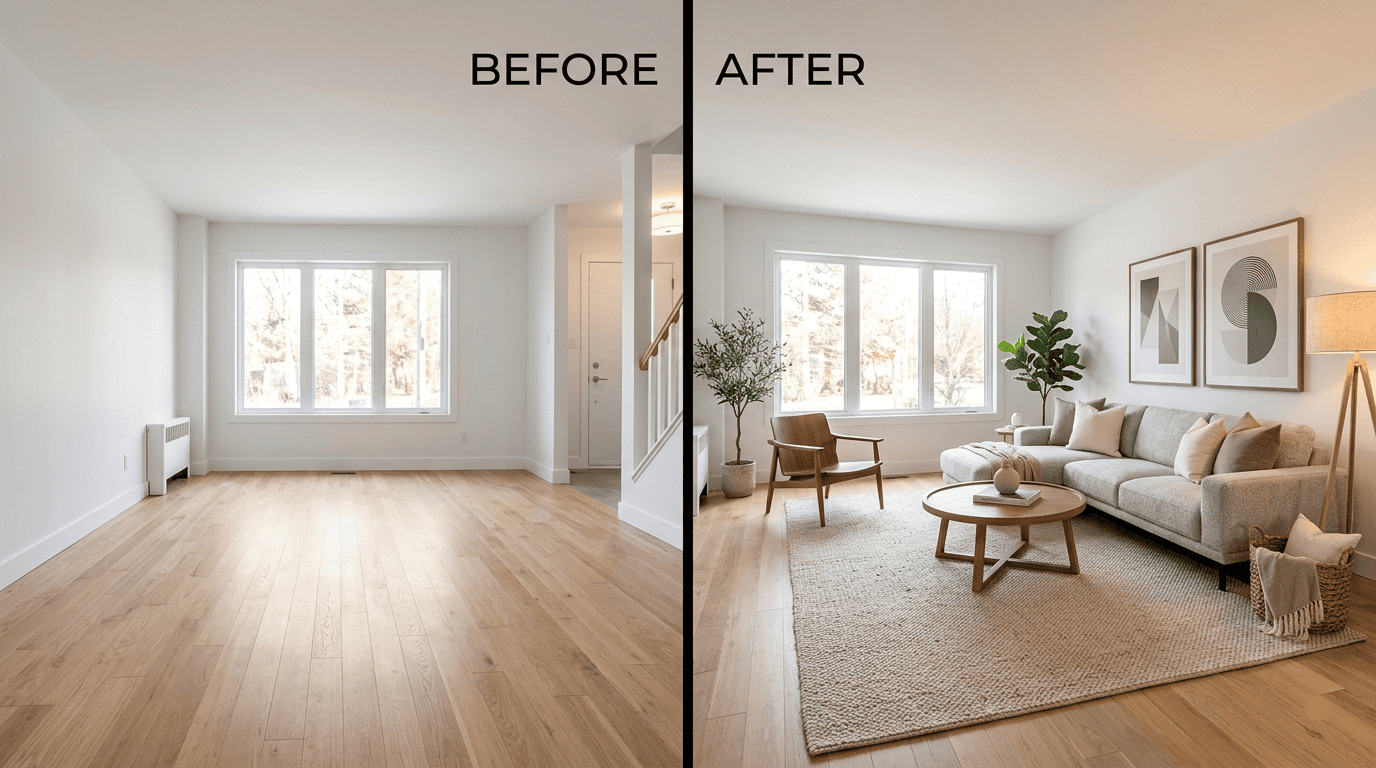 AI virtual staging before and after — empty living room transformed with furniture