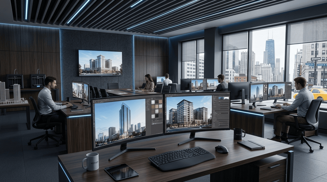 Team at a top architectural visualization studio in the USA working on photorealistic 3D building renders