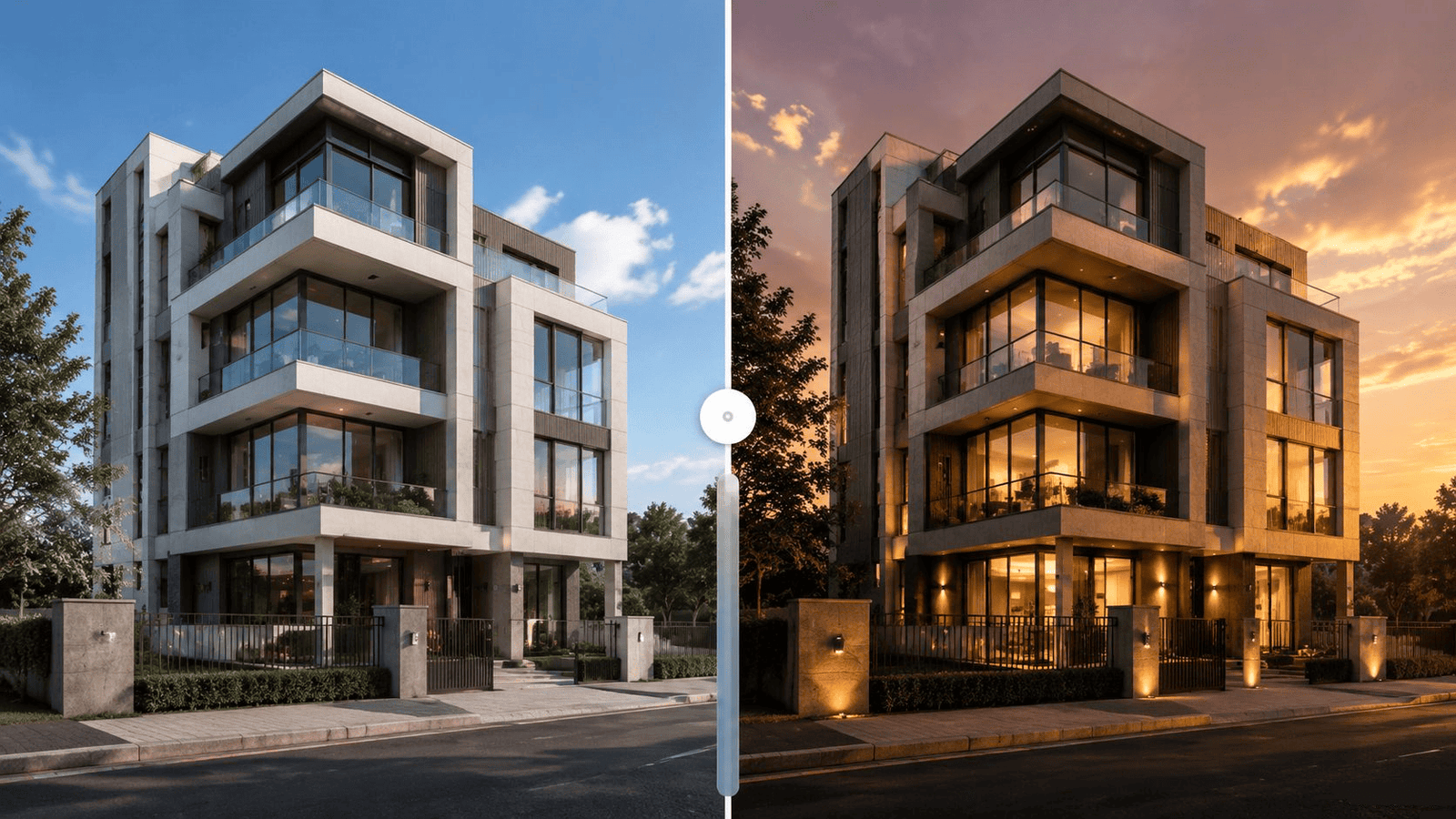Real-time exterior rendering showing different times of day