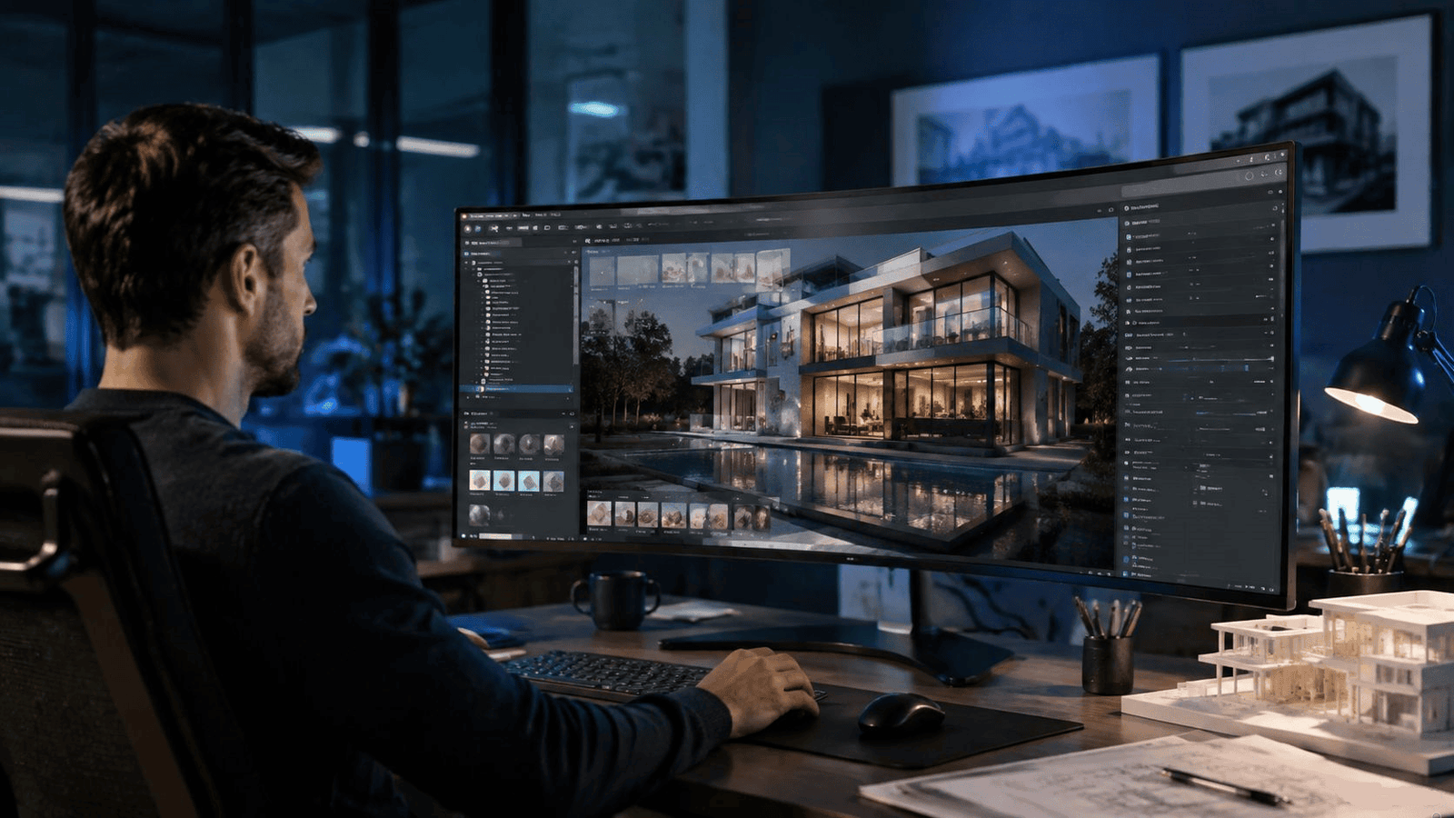Designer using real-time rendering software for architectural visualization