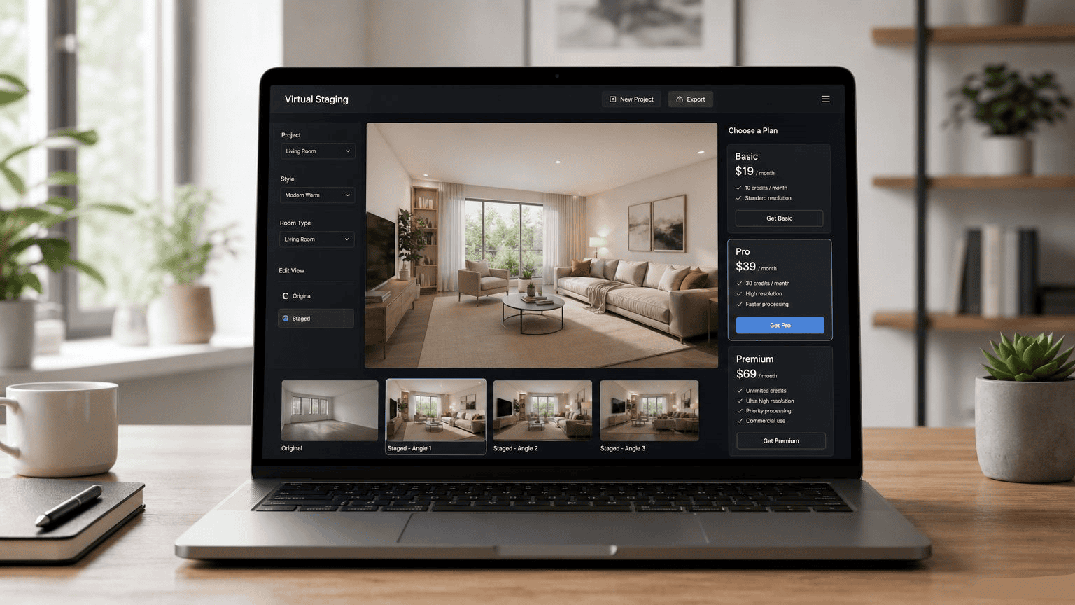 Virtual staging software interface showing furnished room render and pricing tiers