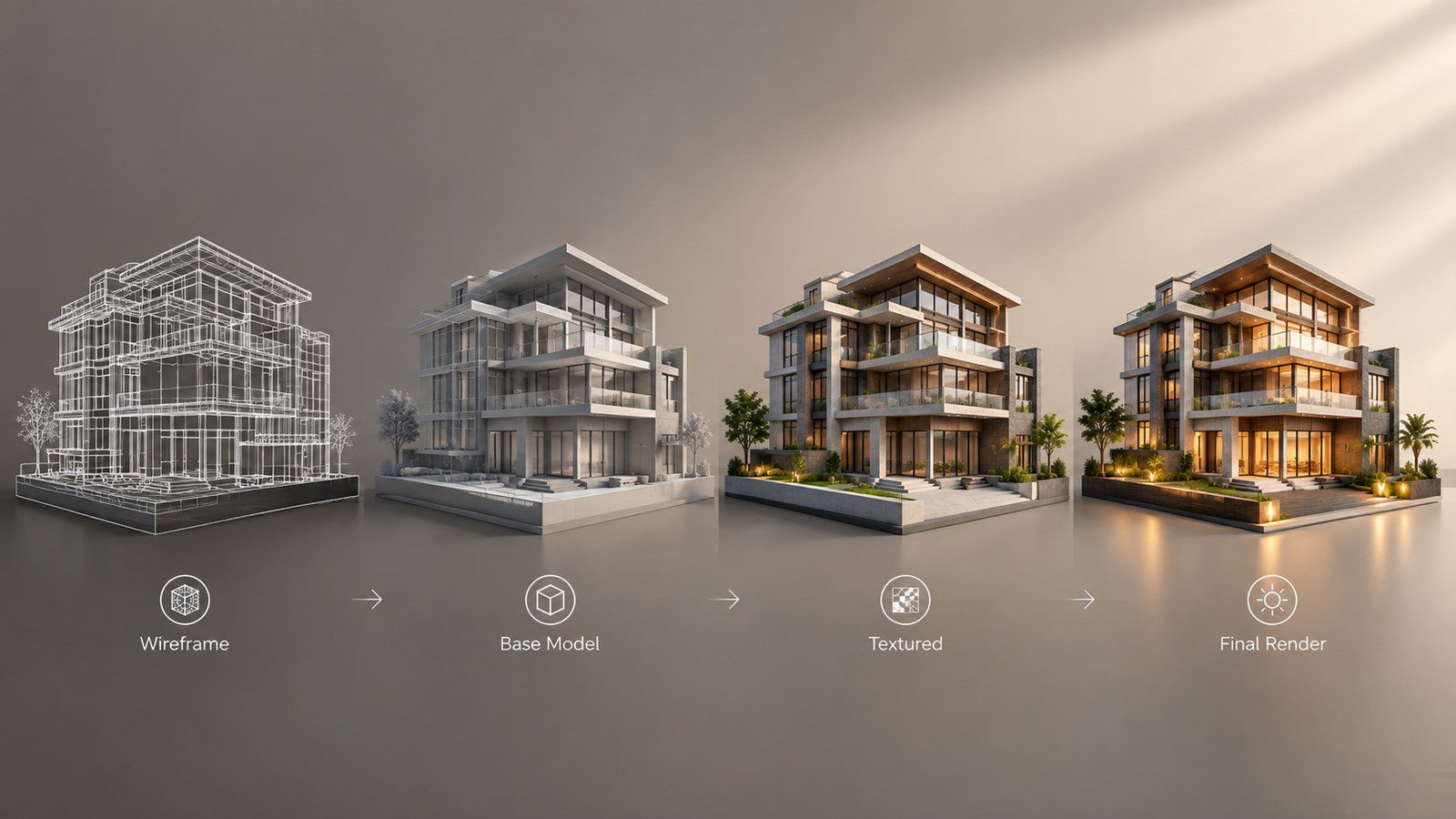 Step-by-step 3D architectural rendering process from modeling to delivery