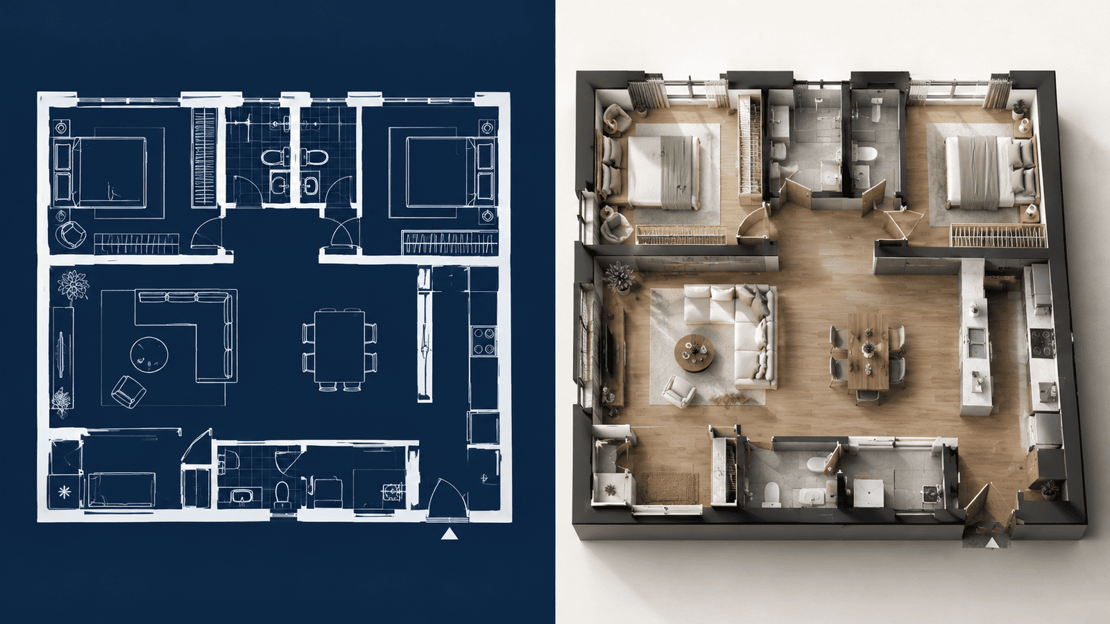Side-by-side comparison of a flat 2D plan and a furnished 3D floor plan of the same home