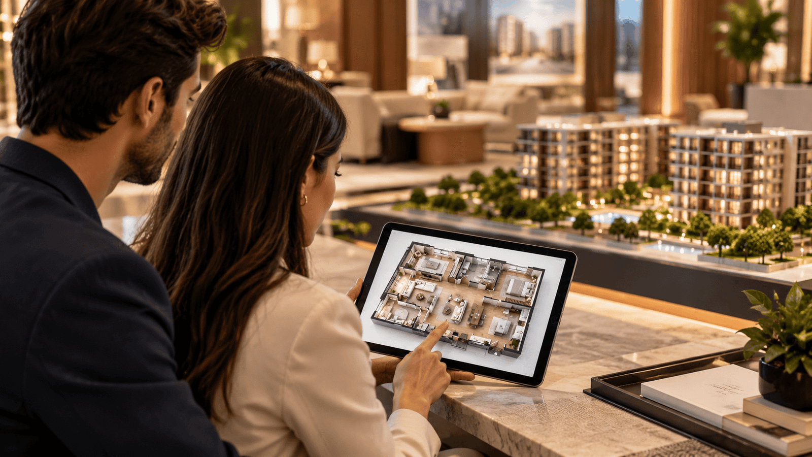 Buyers reviewing 3D floor plan rendering on a tablet inside a luxury sales gallery