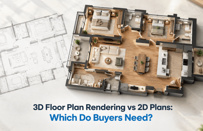 3D floor plan rendering of a luxury apartment shown beside a flat 2D plan