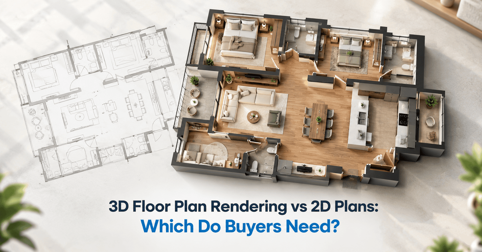 3D floor plan rendering of a luxury apartment shown beside a flat 2D plan