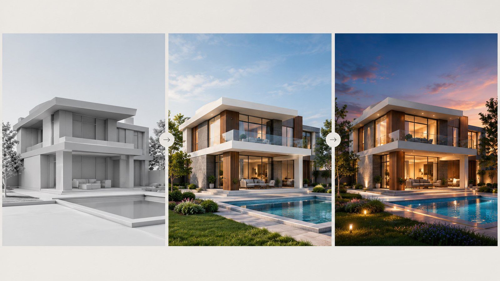 Three quality tiers of a luxury residential render showing 3D rendering cost USA from permit level to premium