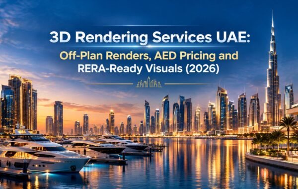 3D rendering services UAE 2026 guide showing a luxury Dubai waterfront tower at dusk