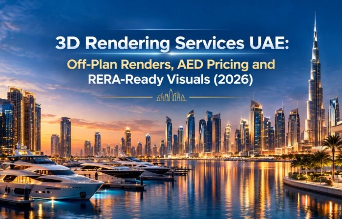 3D rendering services UAE 2026 guide showing a luxury Dubai waterfront tower at dusk