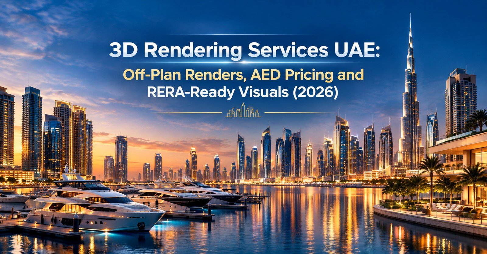 3D rendering services UAE 2026 guide showing a luxury Dubai waterfront tower at dusk
