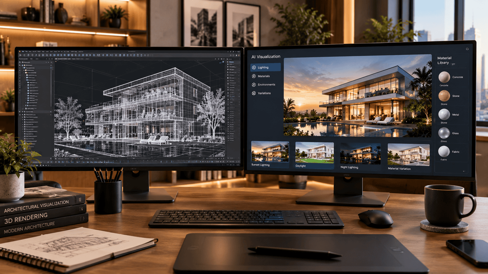 AI-assisted 3D rendering workflow beside an accurate 3D model
